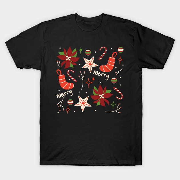 Retro Merry Christmas Vintage Aesthetic Pattern With Candy Canes, Poinsettia Flowers, Cookies, Decorations And Stars T-Shirt by retroyule